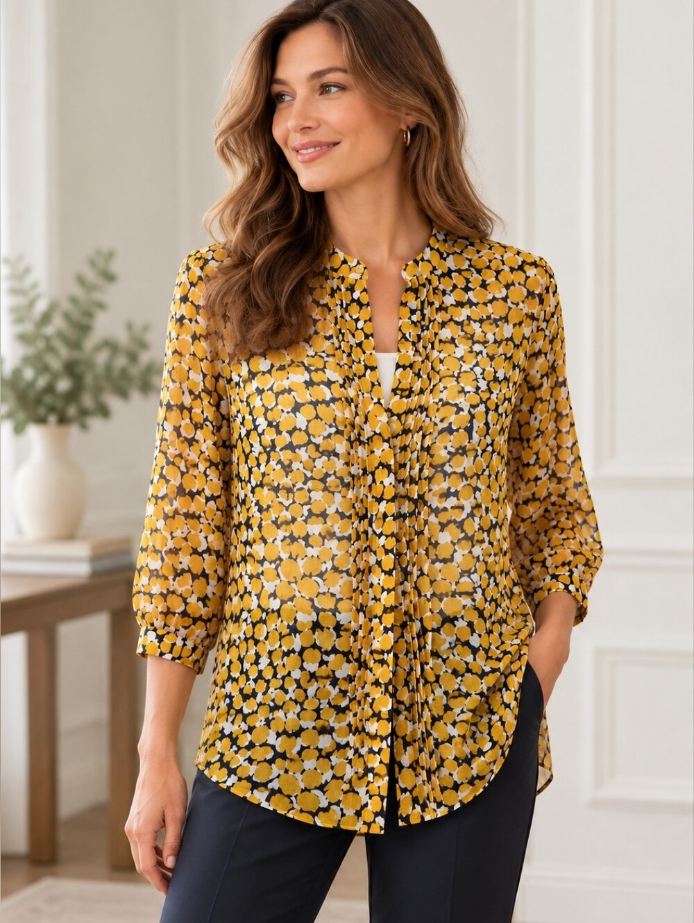 Banana Republic M Mustard Yellow Navy Sheer Floral Pleated Blouse 3/4 Sleeve